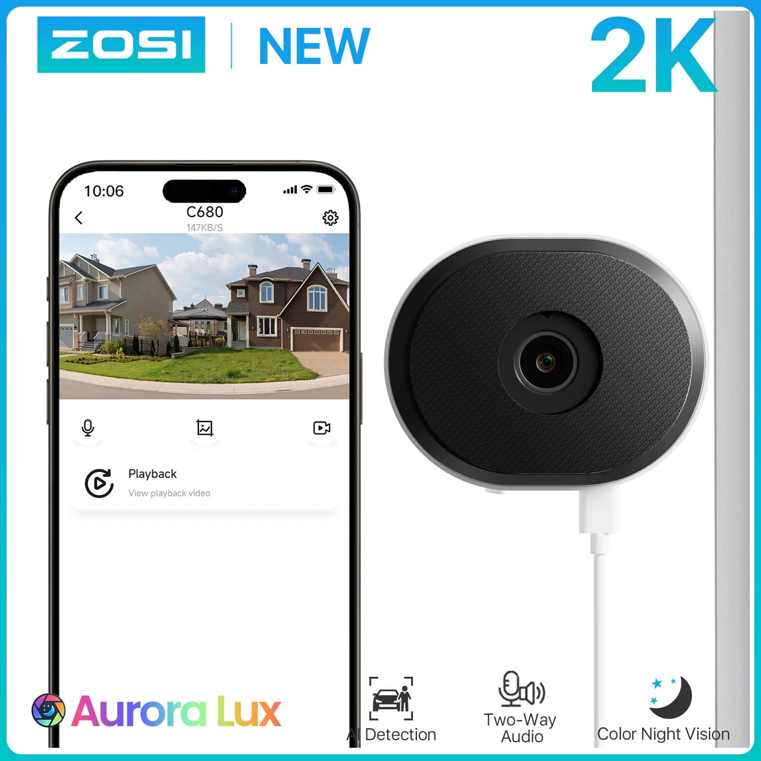 ZOSI C680 Telecamera di sicurezza per finestre 2K Visione notturna a colori Telecamera di sorveglianza WiFi plug-in per interni da 3 MP per la sicurezza domestica