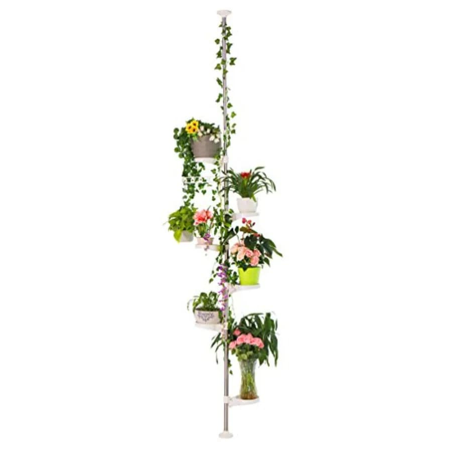 7-Layer Indoor Plant Stands Spring Tension Pole Metal Flower Display Rack Space Saver Corner Floral Pot Hanger Shelf