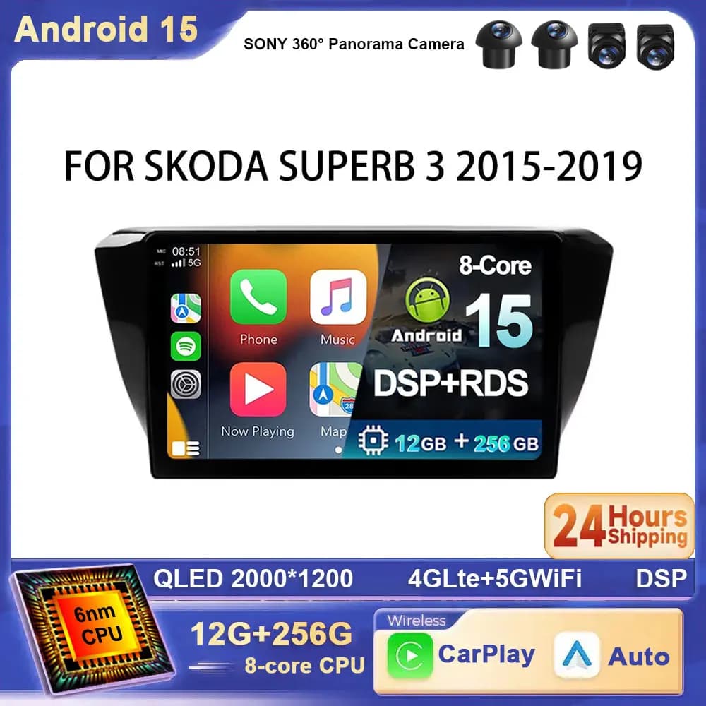 For Skoda Superb 3 2015-2019 Android 15 Wireless CarPlay Auto Car Intelligent System Car Multimedia Stereo Player GPS 4G WIFI