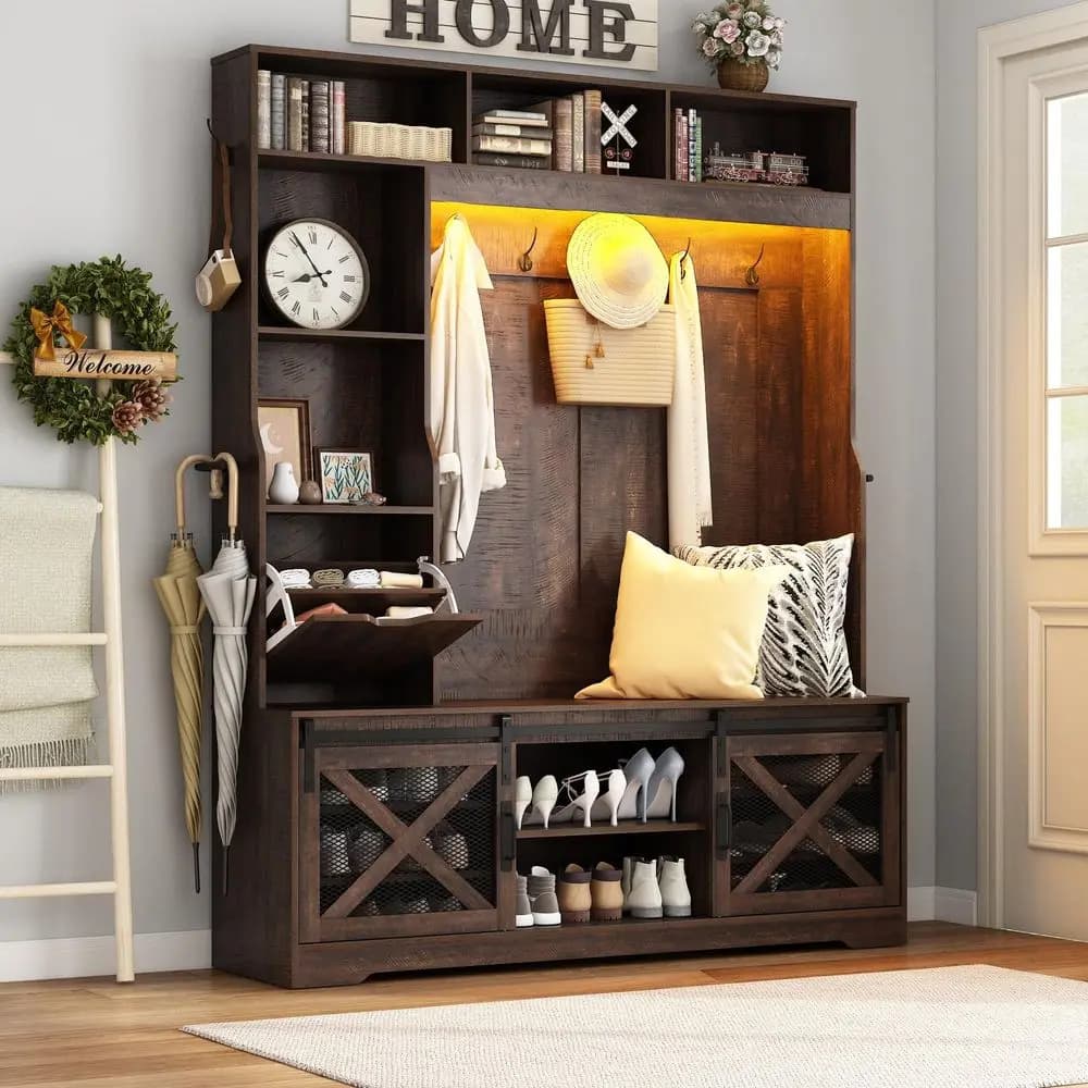 Panca da ingresso in stile rustico con LED, appendiabiti e porta scarpe, con 16 scomparti per scarpe, portaombrelli e porta calze
