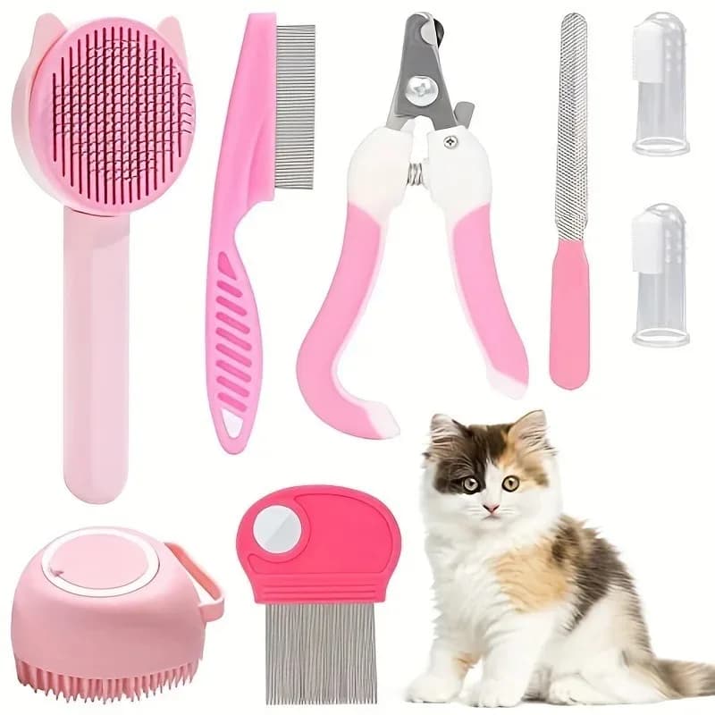 8pcs Pet Grooming Set Hair Removal Comb For Dog Flea Comb Shampoo Brush Pet Nail Clippers Dog Toothbrush Set Pet Accessories