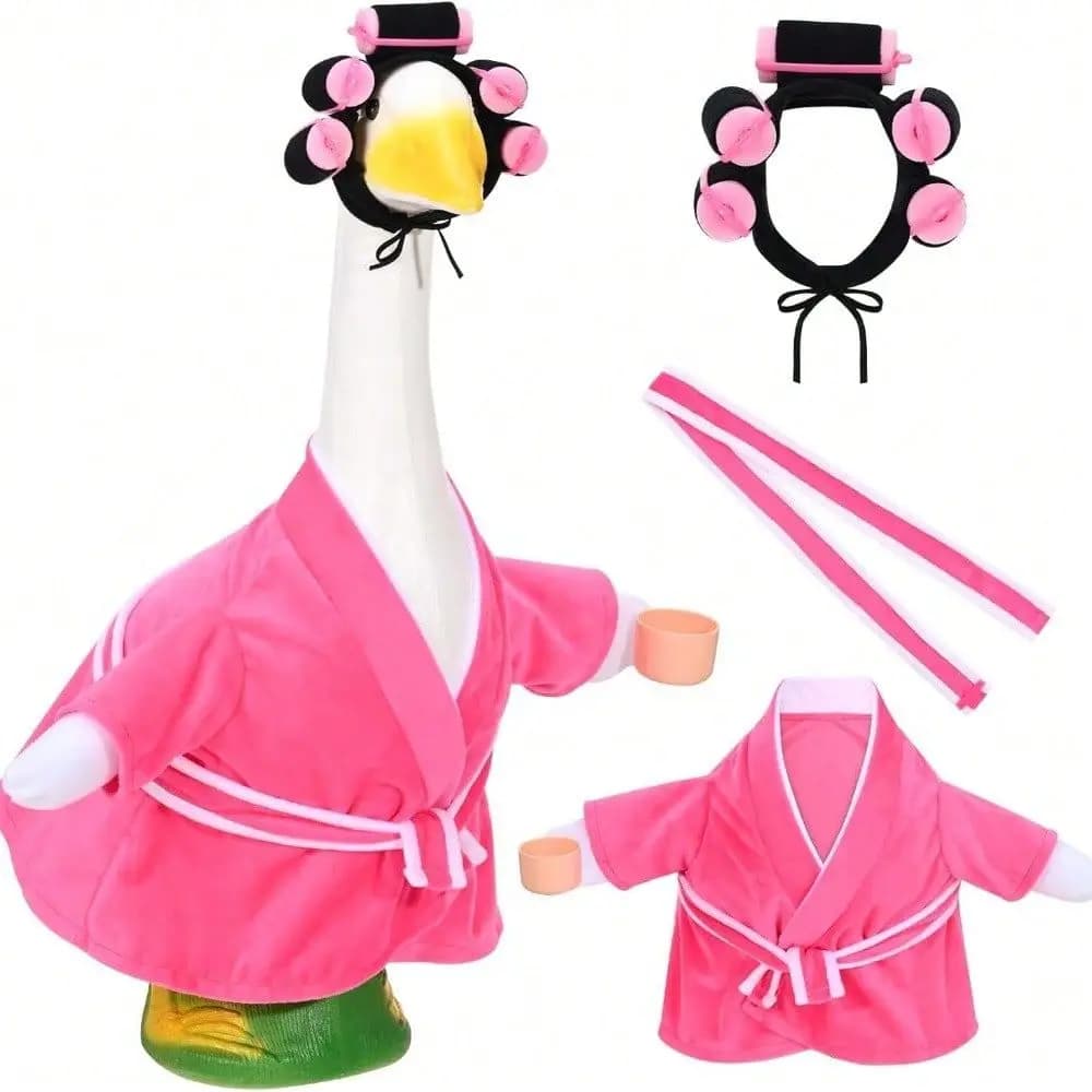 Set Old Lady Porch Goose Outfits For 23 Cement Or Plastic Lawn Goose Statue Clothes Bathrobe Coffee Cup Curlers For Outdoor Yar