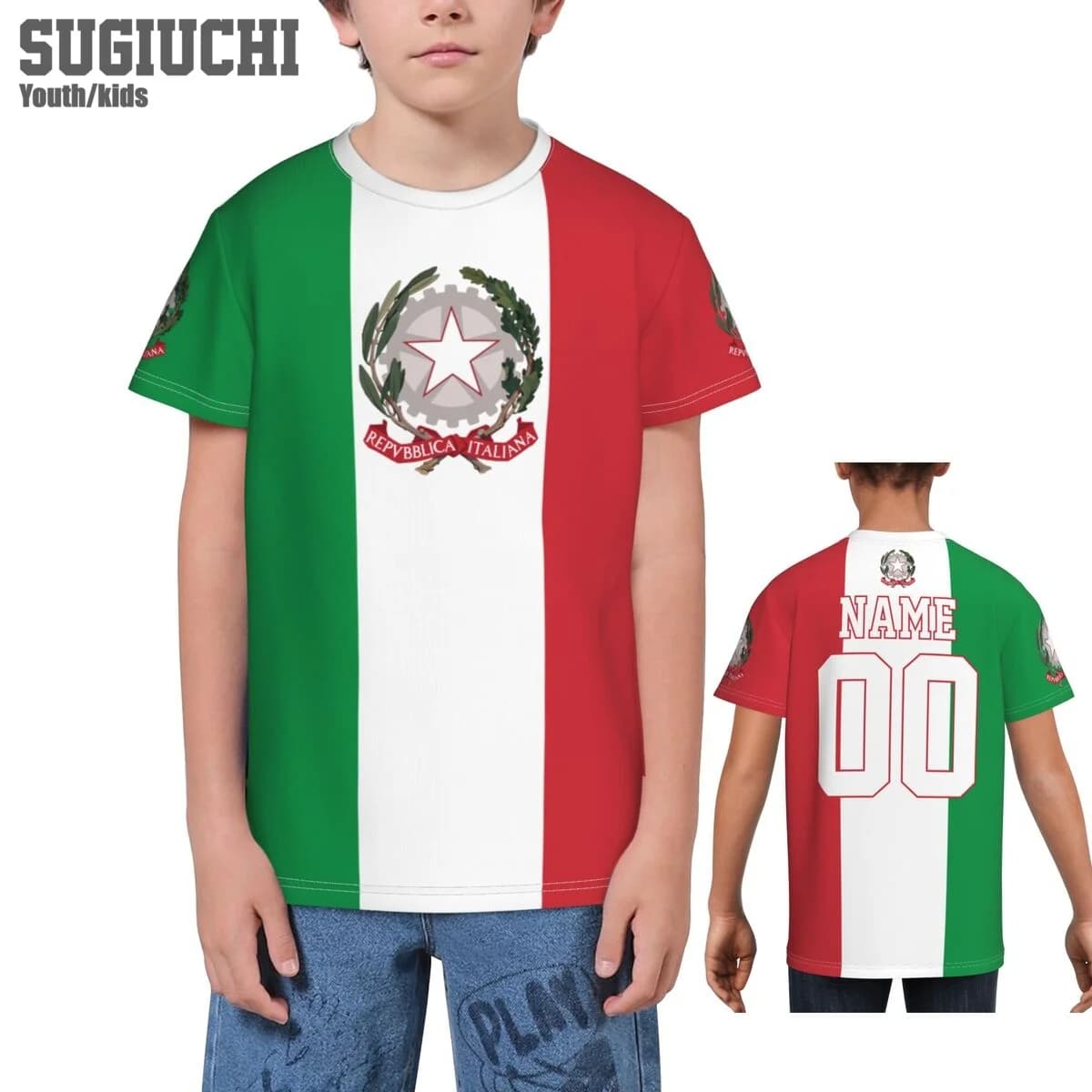 Magliette 3D Personalizzate con Nome, Numero ed Emblema della Bandiera Italiana per Bambini e Ragazzi, Regalo per Tifosi di Calcio