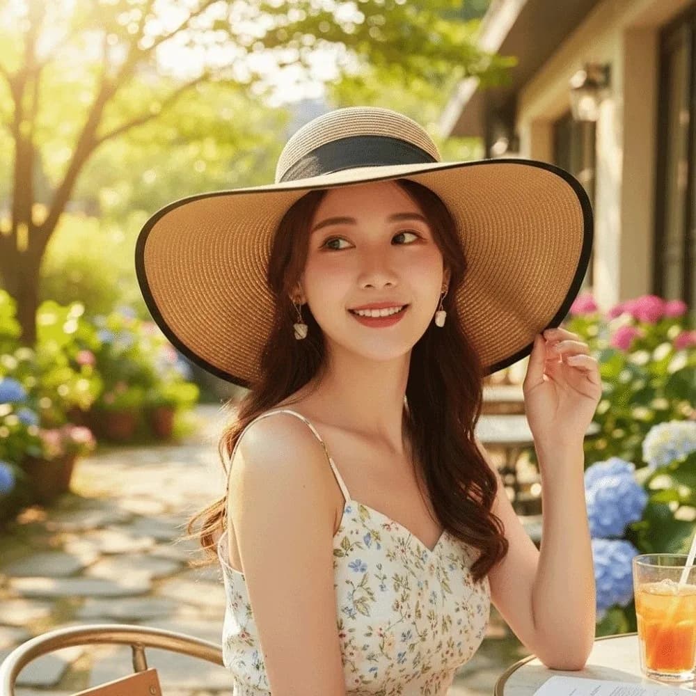 Breathable Vacation Beach Cap Lightweight Sunshade Topi Big Brimmed Straw Hat with Lace Ribbon Solid Color Woven Sun Cap