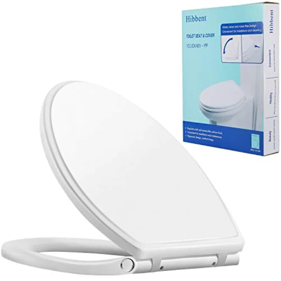 Bathroom premium elongated toilet seat with cover: white polypropylene, quiet-slow close, one-click quick release, non-slip bum