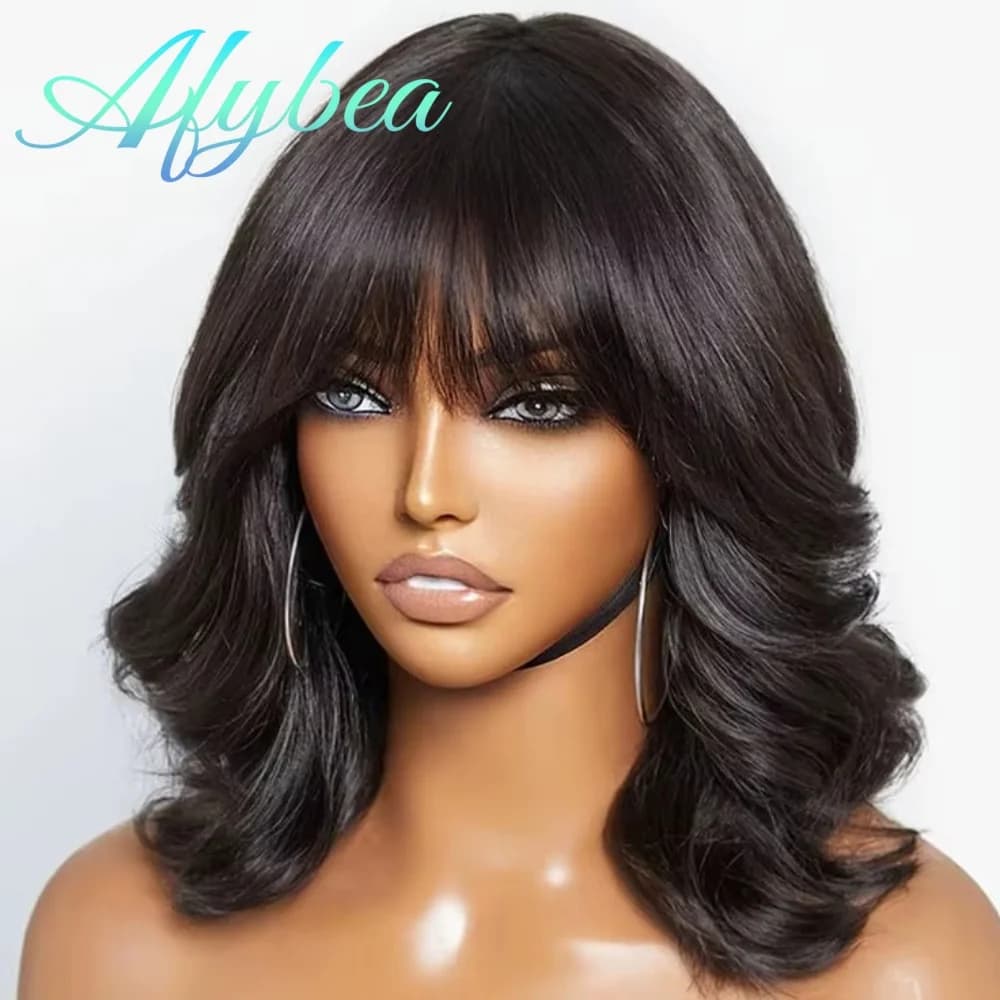 Glueless 16 Inch Body Wave Human Hair Wig with Bangs Middle Part Brazilian Body Wave Bob 3x1 Lace Wigs Realistic Scalp Fringe