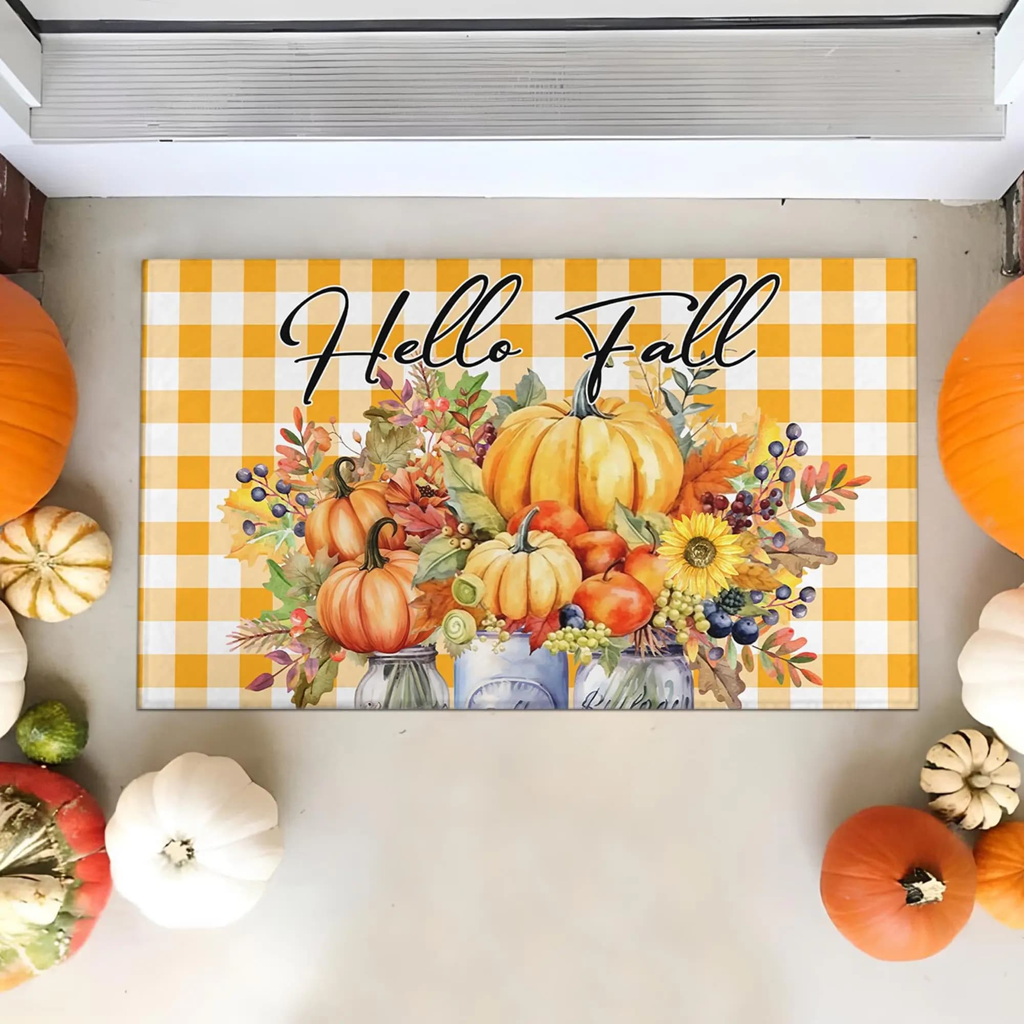 VIKAMA Felice Autunno Girasole Buffalo Plaid Zerbino Foglie d'acero Ringraziamento Vacanze autunnali Tappetino antiscivolo a basso profilo Decorazioni per la casa