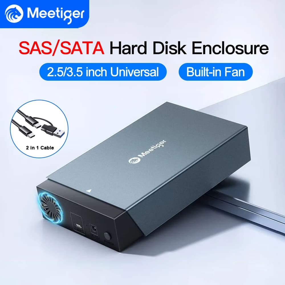 Custodia per disco rigido SAS Meetiger da USB C a scatola per HDD SAS/SATA da 2,5/3,5 pollici che supporta la velocità massima del disco da 24 TB Custodia per disco esterno da 5 Gbps