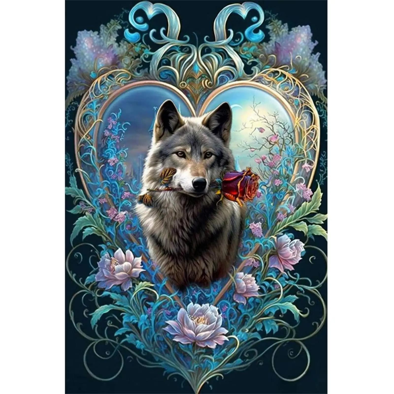 Kit Pittura Diamante 5D Fai da Te con Diamanti Rotondi Completi, Lupo con Rosa, Decorazione Artistica 40x60cm