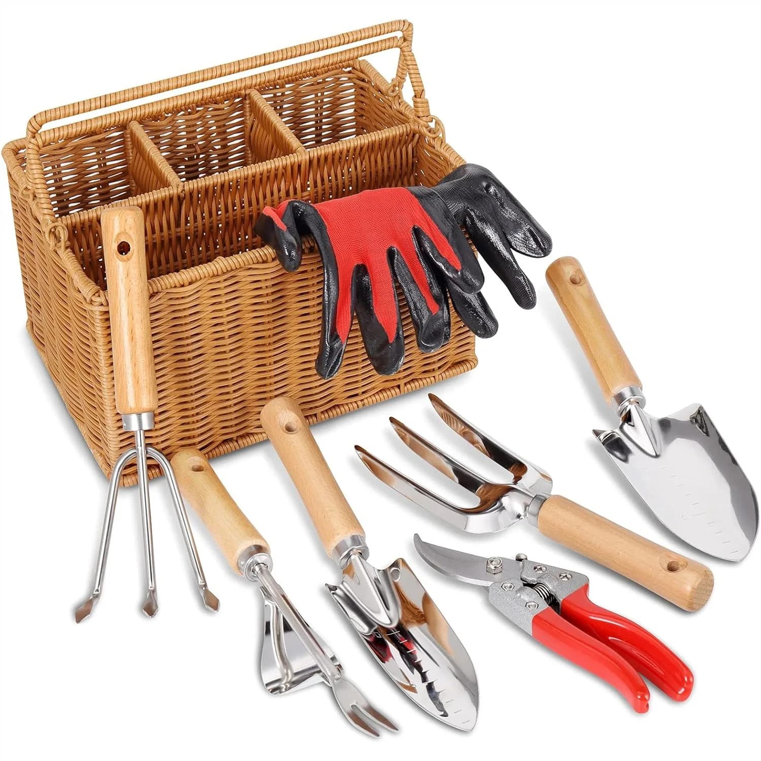 Set di Attrezzi da Giardinaggio con Cestino, Utensili Manuali in Acciaio Inossidabile Resistente con Manico in Legno, Cesoie da Potatura, Guanti - Regali per Giardinieri