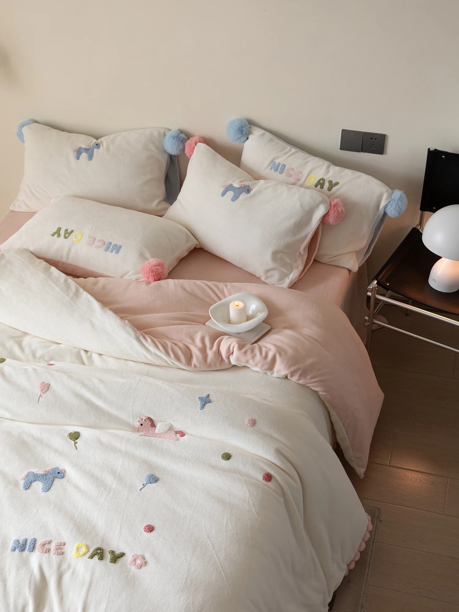 Winter Bed Linen Set Padded Style Carton Animated, Four Pieces Velvet Milk, Cushion and Sheets for Girls, Set Three Pieces