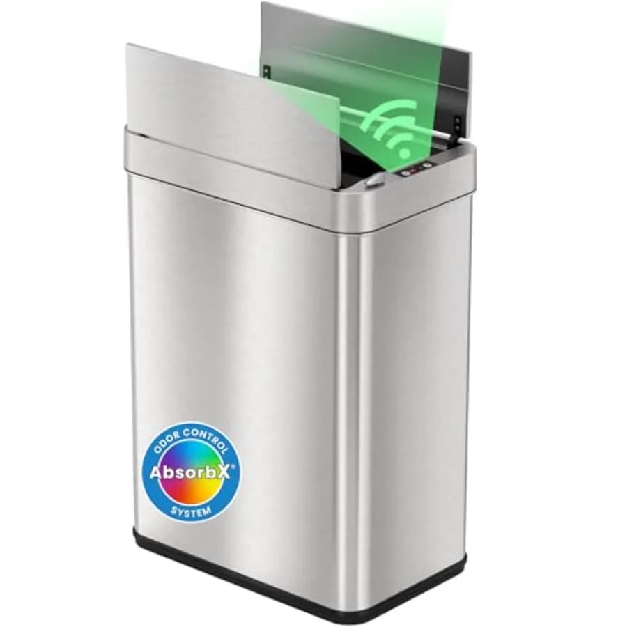 Cestino per Rifiuti da Cucina con Sensore e Coperchio Apribile a 360° da 50L, con Filtro Anti-Odore, Anti-Cane, Sottile, Automatico, in Acciaio Inossidabile, per Raccolta Differenziata
