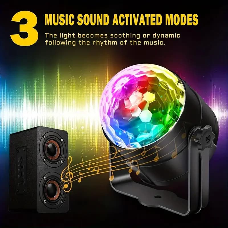 1 PC Disco Ball Party Light (con alimentatore americano e telecomando), sincronizzazione musicale a 7 colori controllata dal suono