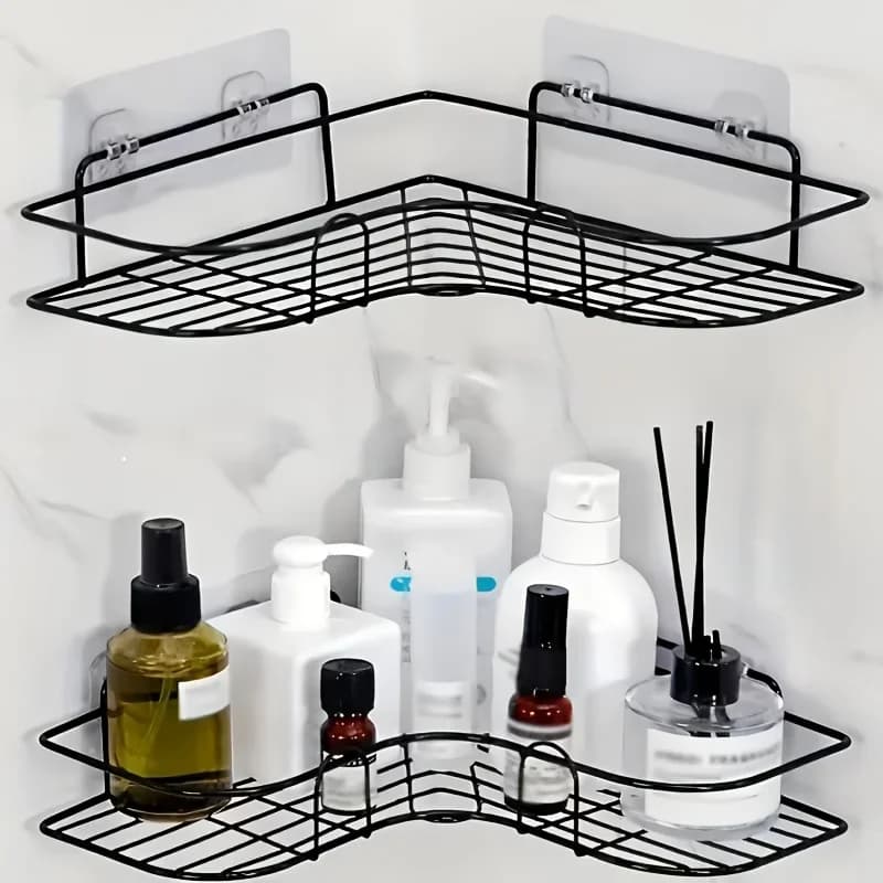 1PC Corner Bathroom Storage Shelf No Drill Wall Mounted Black Iron Wire Mesh Corner Rack For Shower Toilet Organizer Easy Access