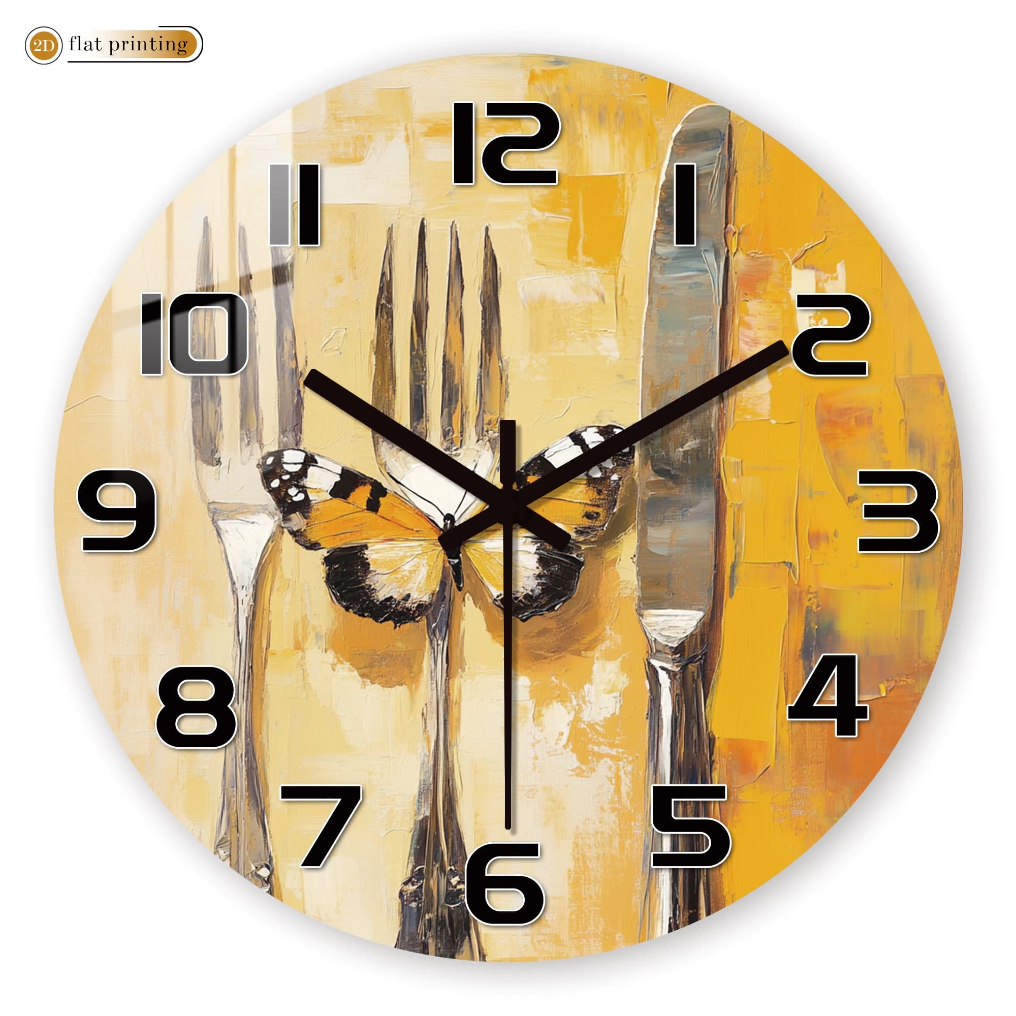 Wall clock with butterfly on cutlery, artistic design with flat print 2D, unique furnishings for kitchen or dining room