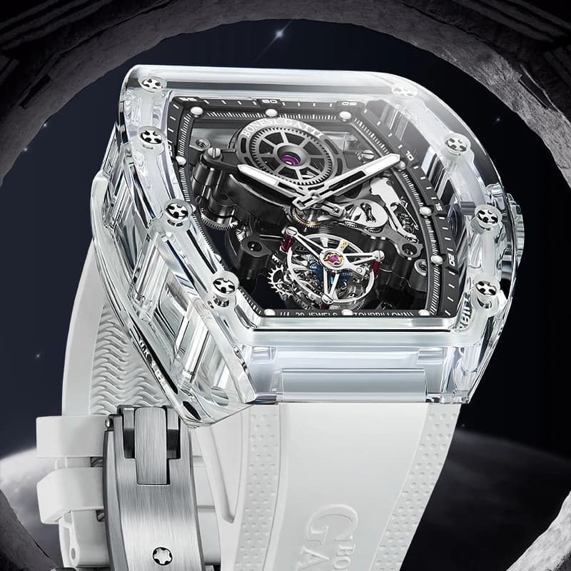 Automatic Watch for Men BONEST GATTI with Tourbillon, Crystal Case, Luminous Sapphire, High Quality Rubber Strap