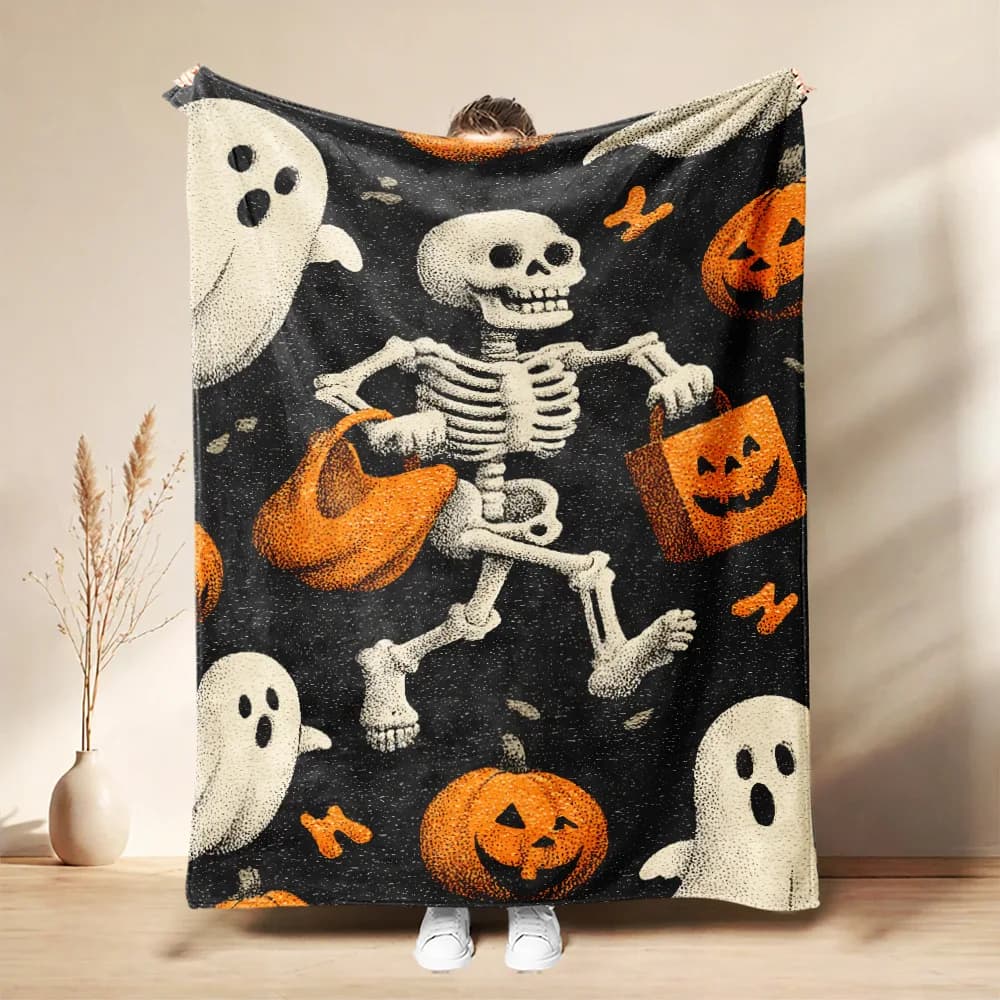 Cute Halloween Flannel Blanket Ghost Pumpkin Print Quality Soft Warm Throw Blanket Winter for Couch Bed Fluffy Birthday Gift