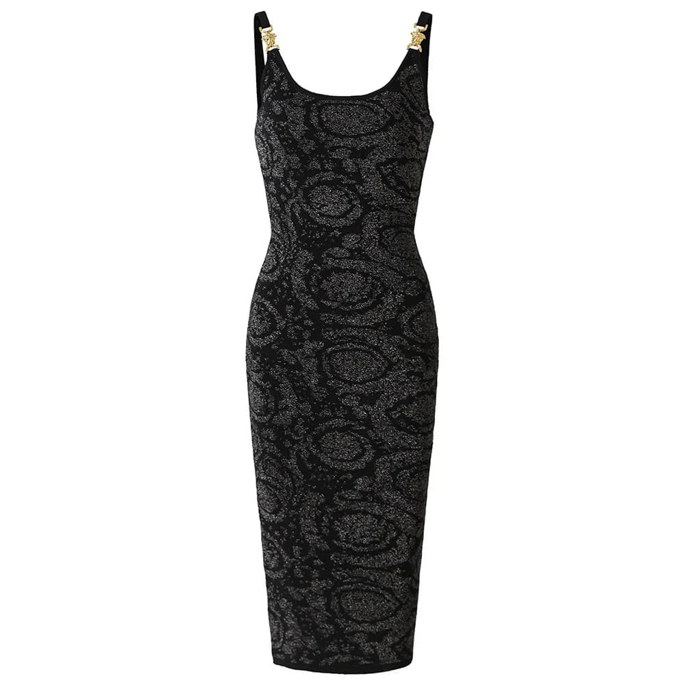 Abito Lungo Nero con Spalline Sottili 2026, Vestito Aderente Sexy in Maglia per Donna 52701