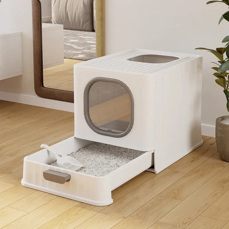 New High Appearance Fully Enclosed Cat Litter Box, Foldable Odor Control Anti Splashing Cat Toilet with Pull‑Out Tray, Easy‑to‑C