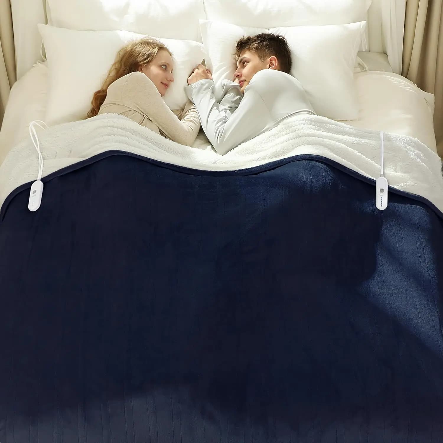 Coperta Elettrica Riscaldata Queen Size 84x90 in Flanella e Sherpa con Doppio Controllo, 5 Livelli di Riscaldamento e Spegnimento Automatico