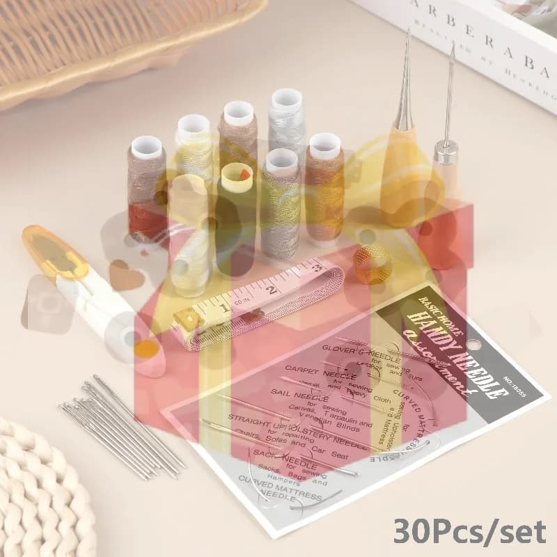 【HG】30Pcs Hand Sewing Tools Kit With Assorted Needles Waxed Thread Awls For Leather Fabric Repair DIY Hand Sewing Craft