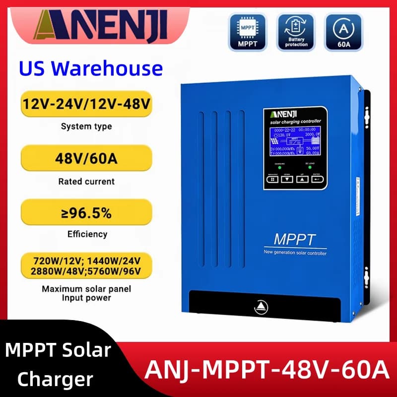 Regolatore di Carica Solare ANENJI MPPT 60A 12V 24V 36V 48V Auto per Batterie LiFePO4, Regolatore per Pannelli Solari, Ingresso PV Massimo 160VDC