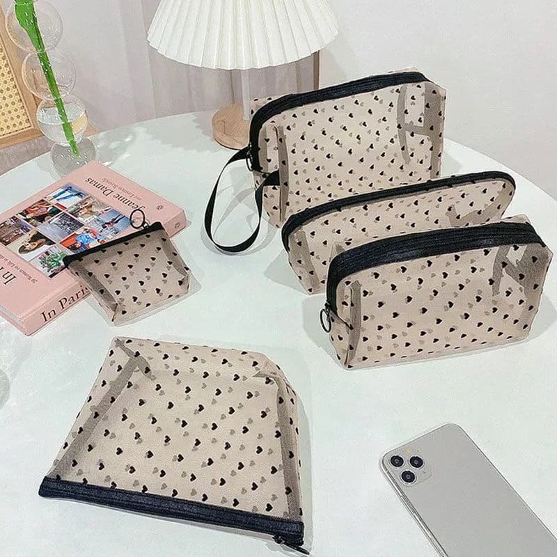 Borsa per il trucco in rete trasparente a forma di cuore, borsa multifunzione portatile per cosmetici da donna, borsa organizer per rossetti e articoli da toeletta da donna