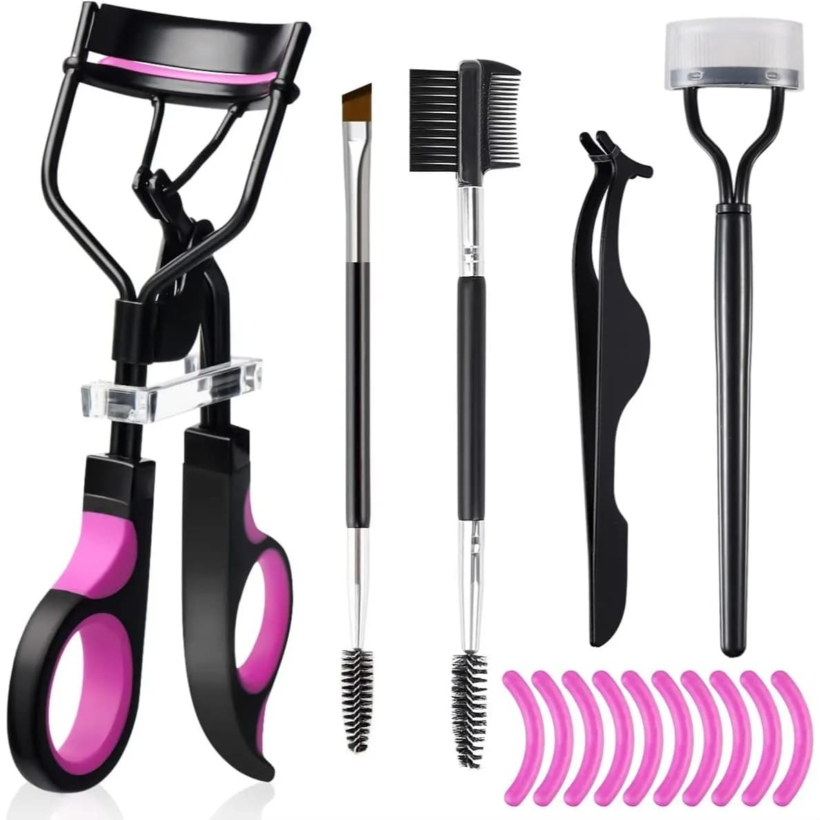 Kit per Arricciare le Ciglia con Spazzola per Sopracciglia, Pettine, Pinzette, Spazzole per Mascara e 10 Cuscinetti in Silicone per Modellare Perfettamente Ciglia e Sopracciglia