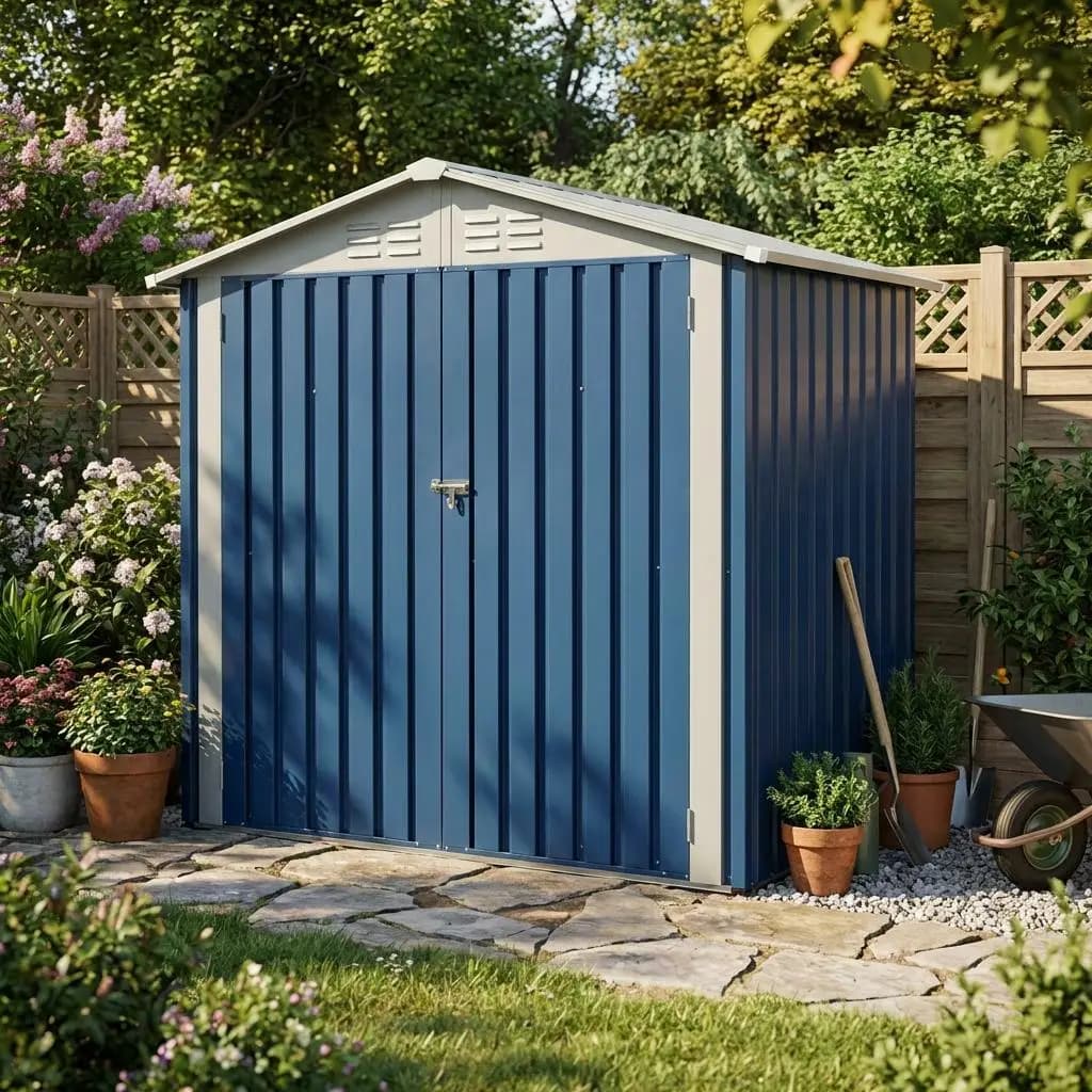 Casetta da Giardino in Metallo Resistente 6x4 FT con Doppie Porte Chiudibili a Chiave, Tetto Inclinato e Ventilato per Attrezzi e Biciclette