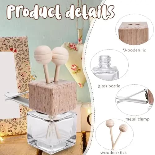 64 Refillable Glass Air Freshener Diffusers With Natural Wood Lid, Metal Hanging Clip, Reed Sticks And Organza Pouches