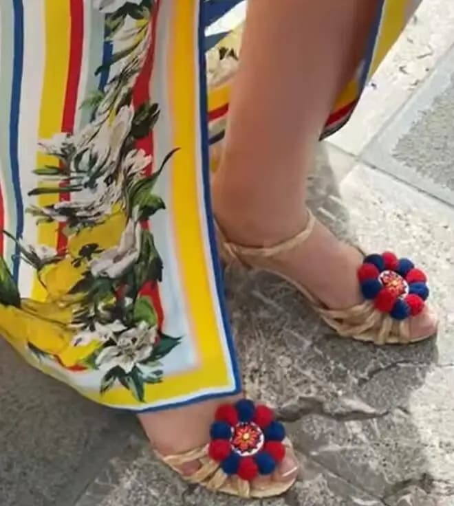 Bohemia Style Pompom Flower Floral Printing 6cm Chunky Heels Sandals Leather Braided Ankle Strap Summer Sandals