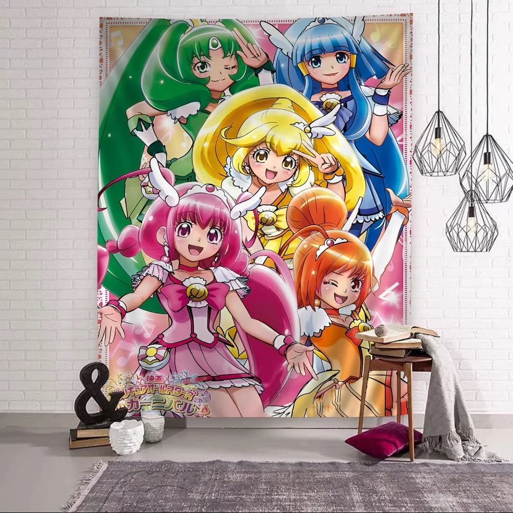 Smile PreCure Tapestry, Glitter Force Five Mermaid Princesses Wall Hanging, Cute Magical Girls Room Decor for Bedroom & Dorm