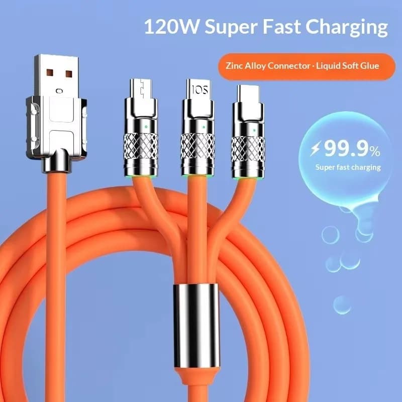 3-in-1 Fast Charge 120W 6A USB C Lightning Micro USB Charging Cable for Samsung Huawei iPhone - Durable Charging Cord