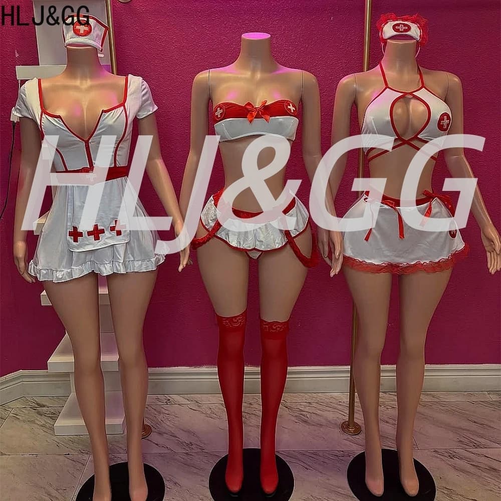 HLJ&GG Uniforme Cosplay Costume Esotico Halter Cami Top Gonna con Arco Perizoma Copricapi Donna Lingerie Sexy Biancheria Intima Abiti da Festa Sexy