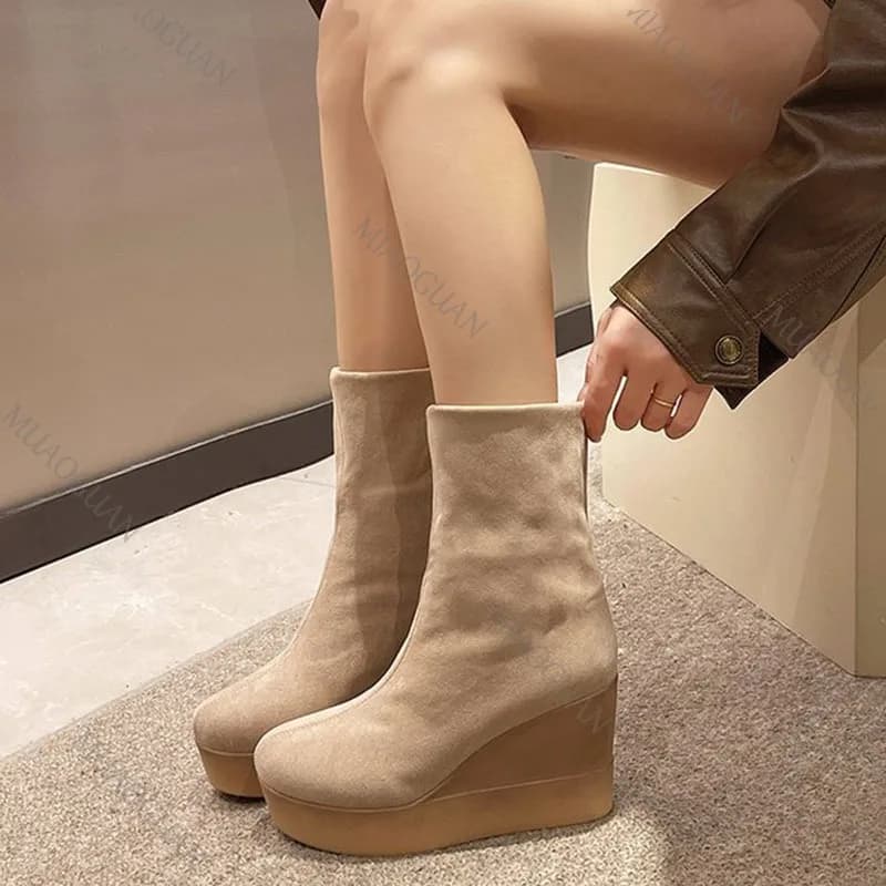 Zeppe Donna Stivali da neve alla caviglia Piattaforma Pelle scamosciata Tacchi alti Scarpe 2026 Nuova moda Donna Stivali Chelsea Inverno Casual Botas