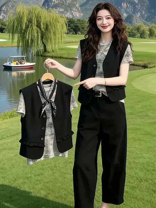 Set da donna in tre pezzi in stile dolce e cool, t-shirt a maniche corte, gilet nero versatile, pantaloni, abbigliamento casual estivo alla moda