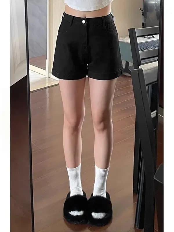 High Waist A-Line Short Jeans Women's Summer Thin Cotton Elastic Casual Style Bell Bottoms High Elasticity Black Denim Shorts