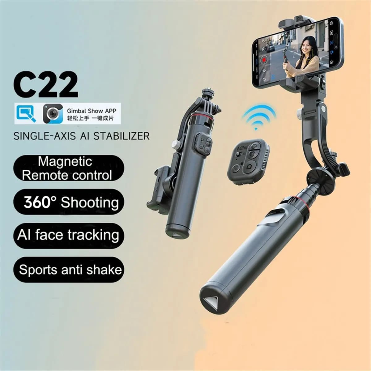 A26Z AI Face Tracking Handheld Gimbal Stabiliser 360° Photography Magnetic Remote Selfie Stick Tripod Smartphone 1/4In
