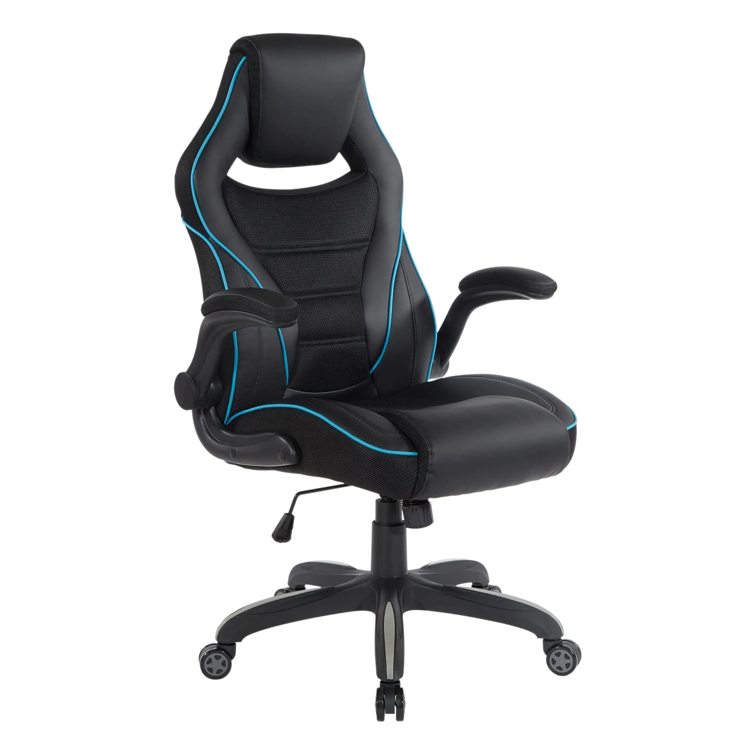 Black And Blue Gaming Chair With Adjustable Ergonomic Design, Faux Leather Upholstery, Mesh Back, Integrated Headrest And