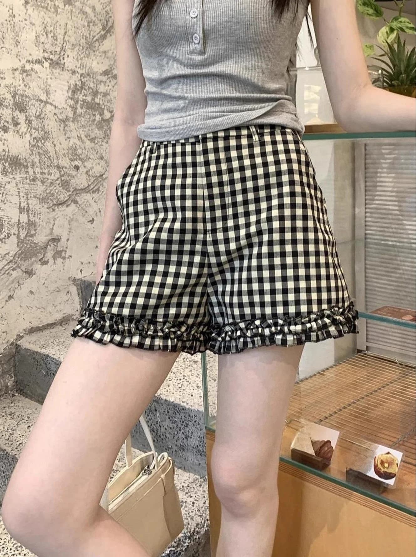 Pantaloncini da donna a vita alta a quadri, design patchwork, gonna a gamba dritta, autunno inverno