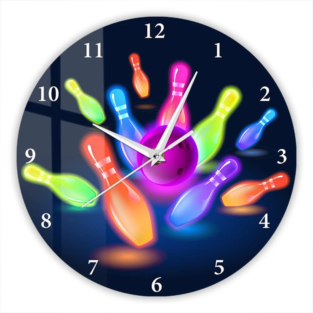 Orologio da Parete Silenzioso con Design a Birilli e Palla da Bowling, Stile Luminoso, Decorativo per Sala Giochi e Sala da Bowling