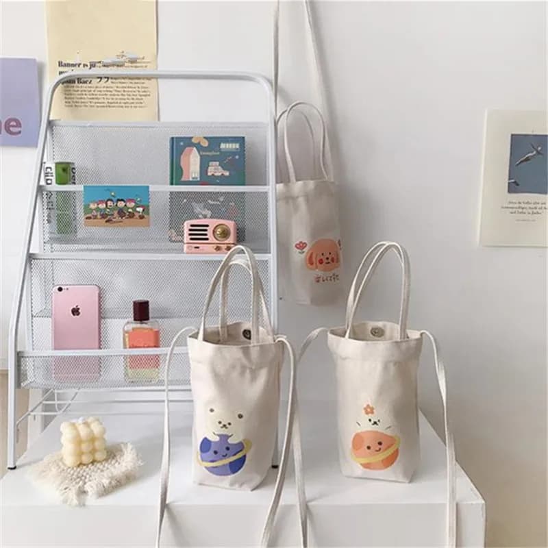 Print Canvas Water Bottle Bag with Detachable Crossbody Bag Strap, Mini Tote Pouch for Tumblers, Coffee Cups Daily Errands