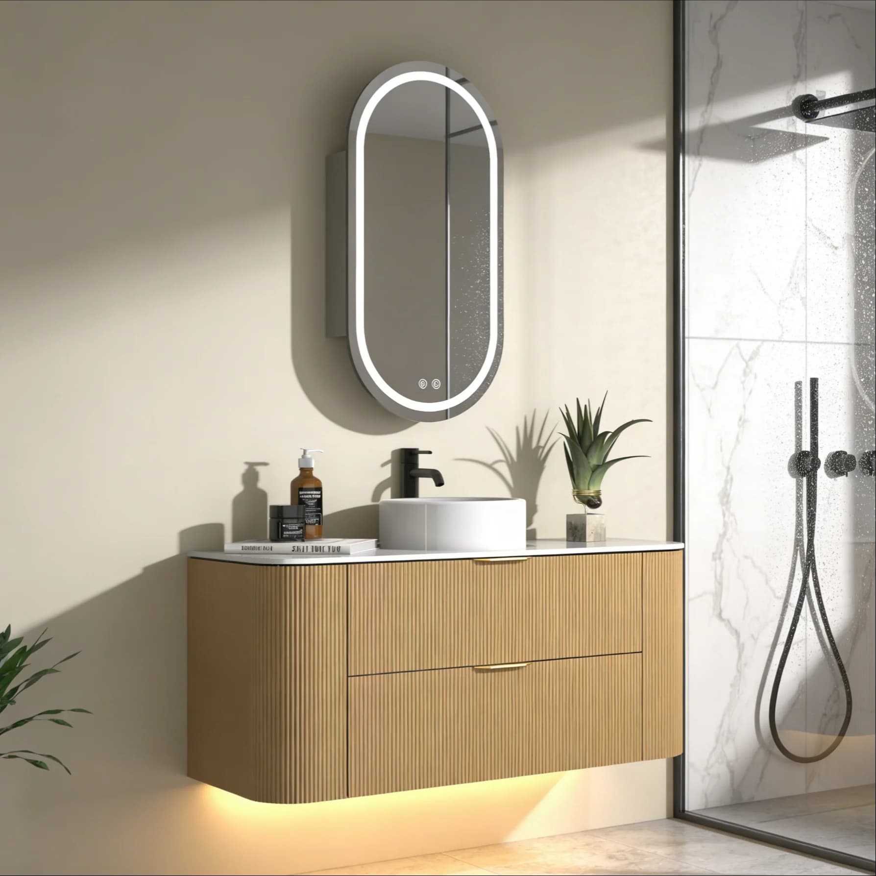 Mobile bagno moderno europeo di lusso in legno con lavabo e specchio, set di mobili a parete personalizzabili per ingrosso