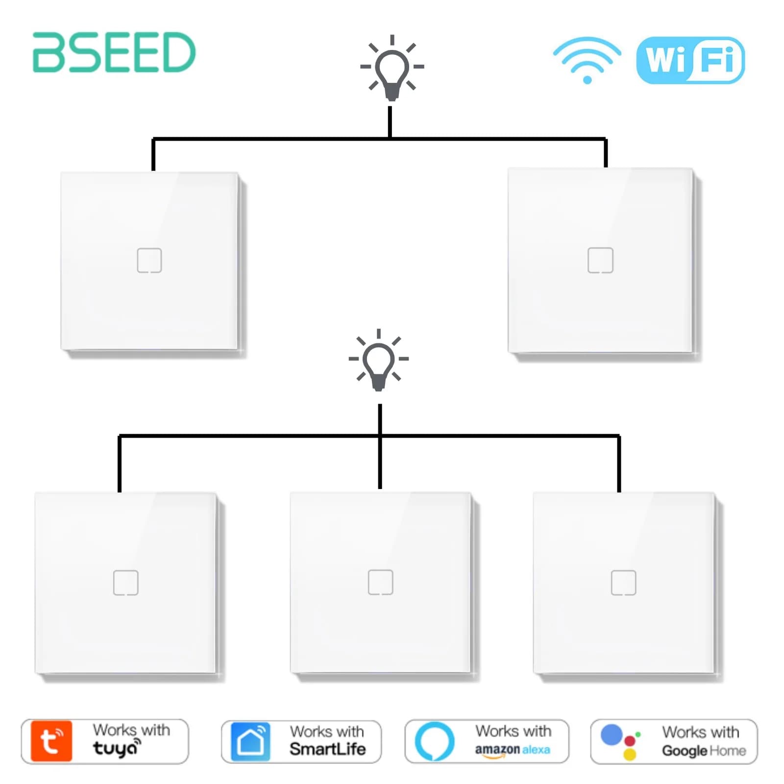 BSEED Interruttore a Muro Touch WiFi 1/2/3 Vie 1 Gang per Scale, Controllo App Tuya Smart Life Alexa, Retroilluminazione Bianca 10A per Villa