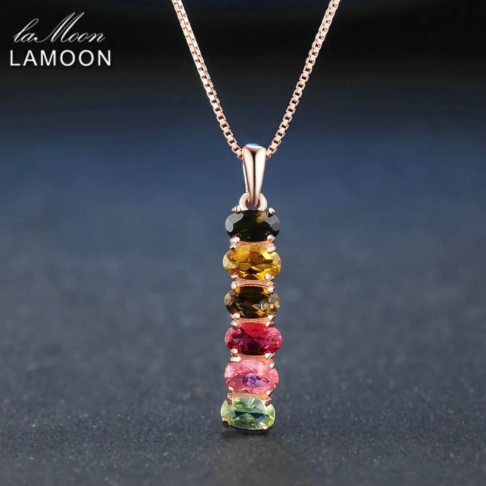 Lamoon Classic Natural Multi-Color Ovale Tormalina 925 Sterling Silver Catena Del Pendente Della Collana In Oro Rosa Placcato S925 LMNI048