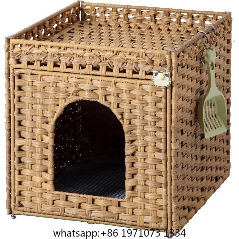 Cat Litter Box Enclosure Furniture, Hidden Litter Box with Mat and Fence, Handwoven Rattan Cat House with Two S-Shaped Hooks for