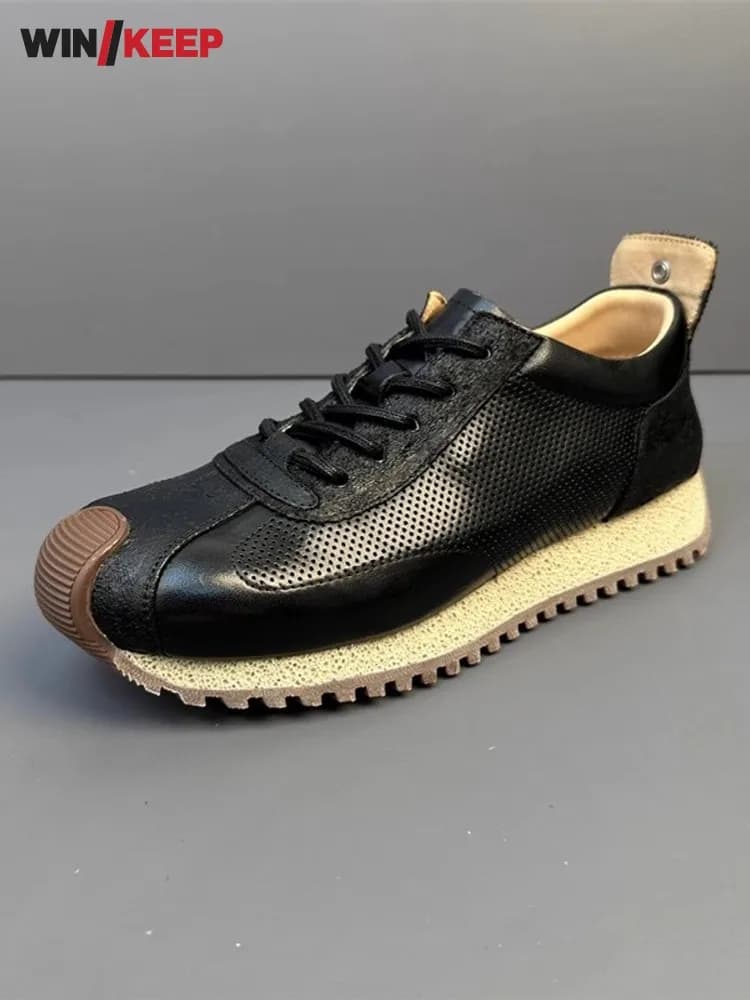 Mens Breathable Trendy Shoe Hollow Out Lightweight Design Sneakers Sport Running Jogging Shoes Skateboard Genuine Leather