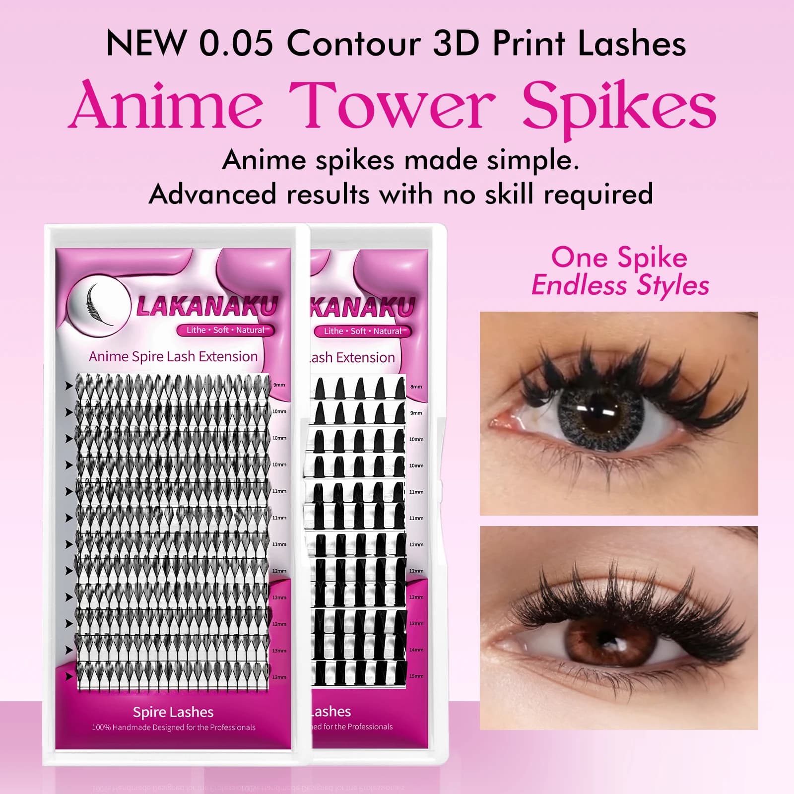 LAKANAKU Premade Spire Lashes Anime Tower Spikes Ultra leggero Stampato in 3D Anime Spikes Estensioni ciglia comiche Manga Lash