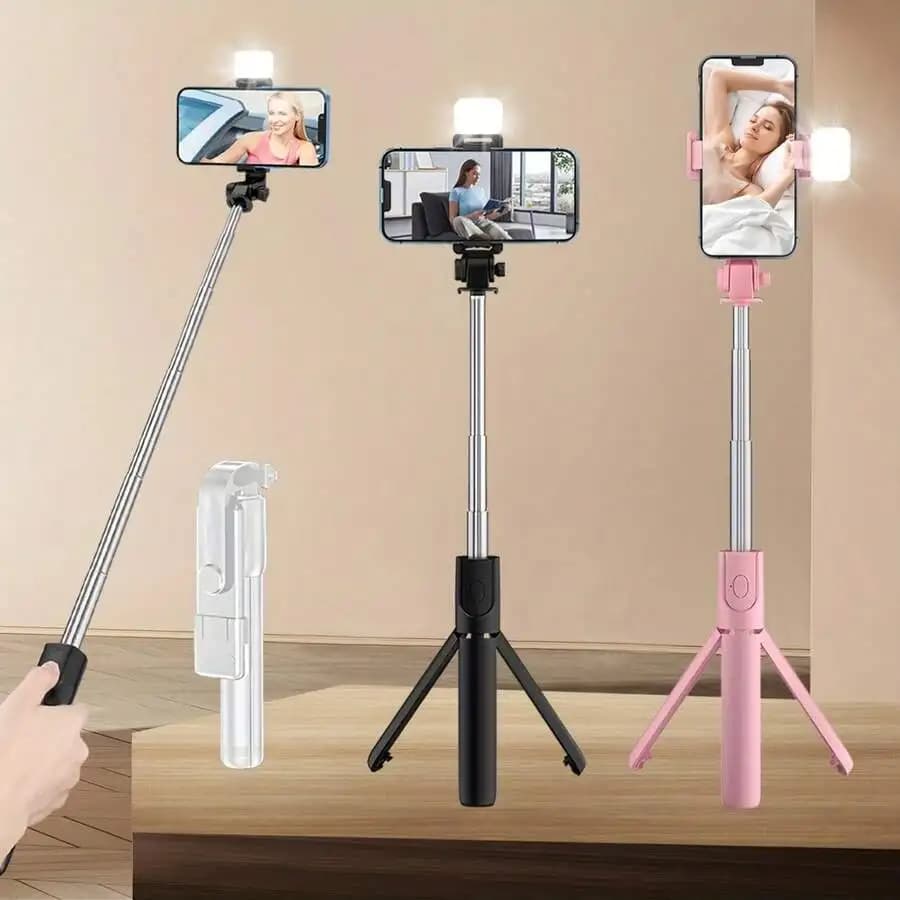 Alloy Phone Tripod Selfie Stick With Fill Light 40 Inch Extendable Wireless Remote 360° Rotatable For Vlogging Live Streaming