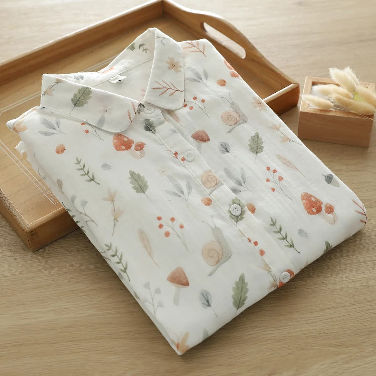 Camicie stampate da donna Camicette in filato di cotone 100% Manica lunga Lady Top Mori Girls Camicie con stampa di funghi stile giapponese Abiti femminili